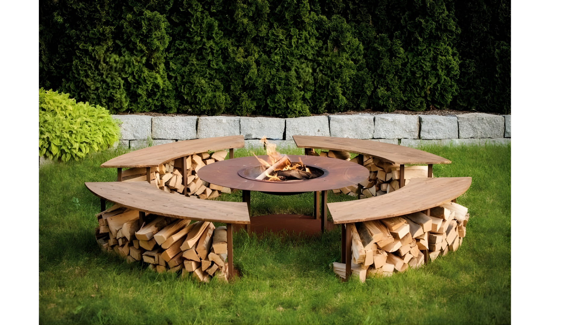 Feuerstelle mit vier Bänken